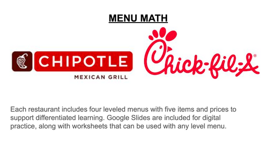 Menu Math [Set3]-2 Menus (4 Levels) Chipotle and Chick Fil A