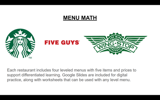 Menu Math - 3 Menus (4 Levels each) Five Guys, Starbucks, and Wingstop